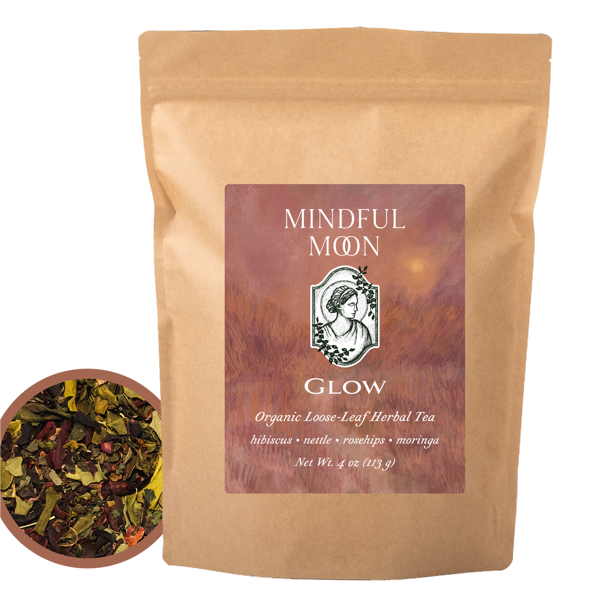 Glow 4 oz loose-leaf tea pouch front